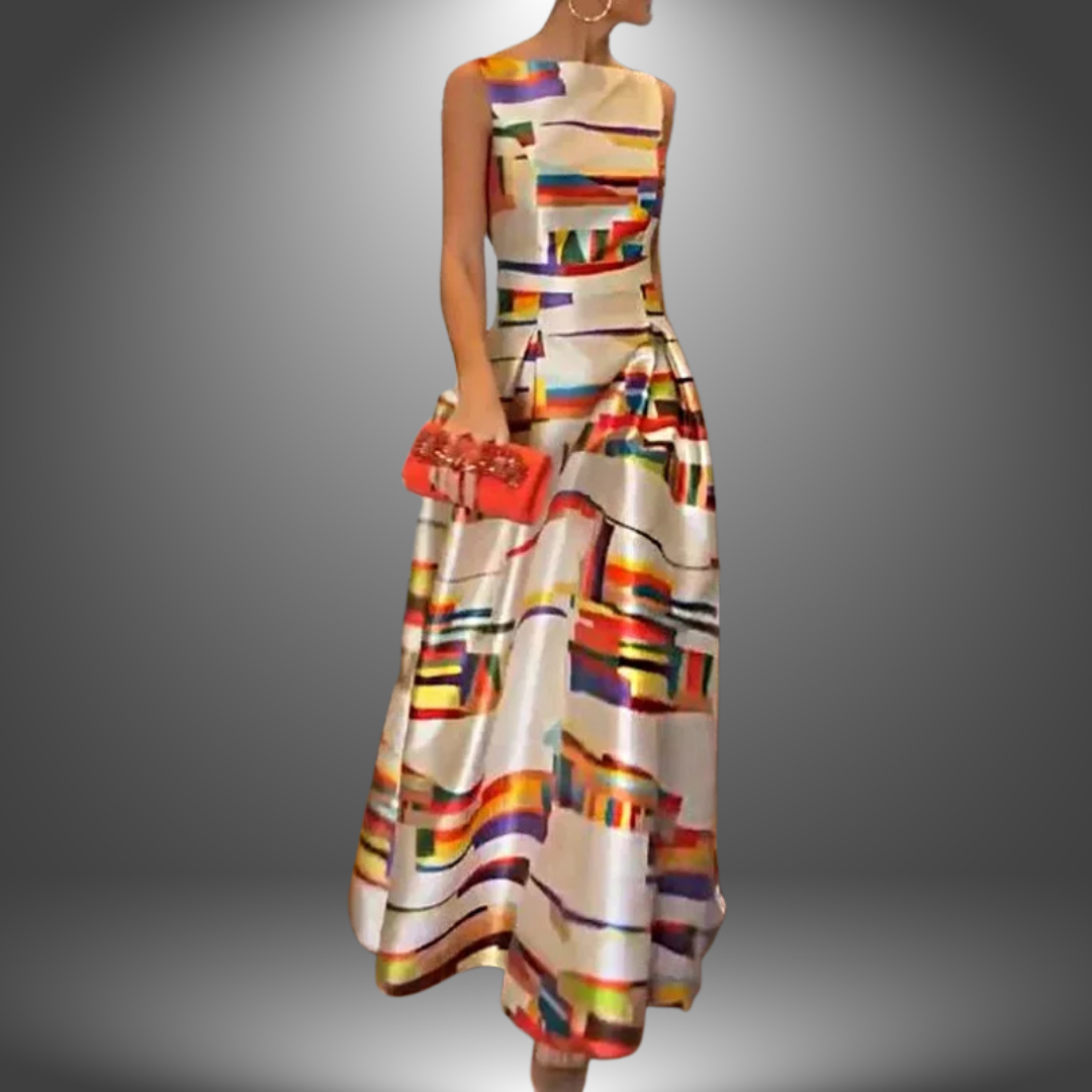 Women's abstract print sleeveless A-line maxi dress. Elegant formal evening gown for wedding guests & special occasions.