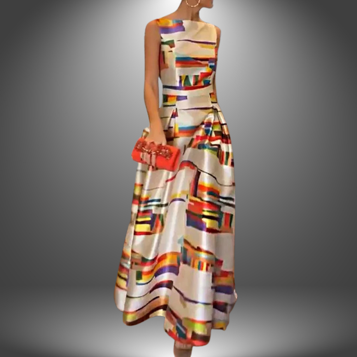 Women's abstract print sleeveless A-line maxi dress. Elegant formal evening gown for wedding guests & special occasions.