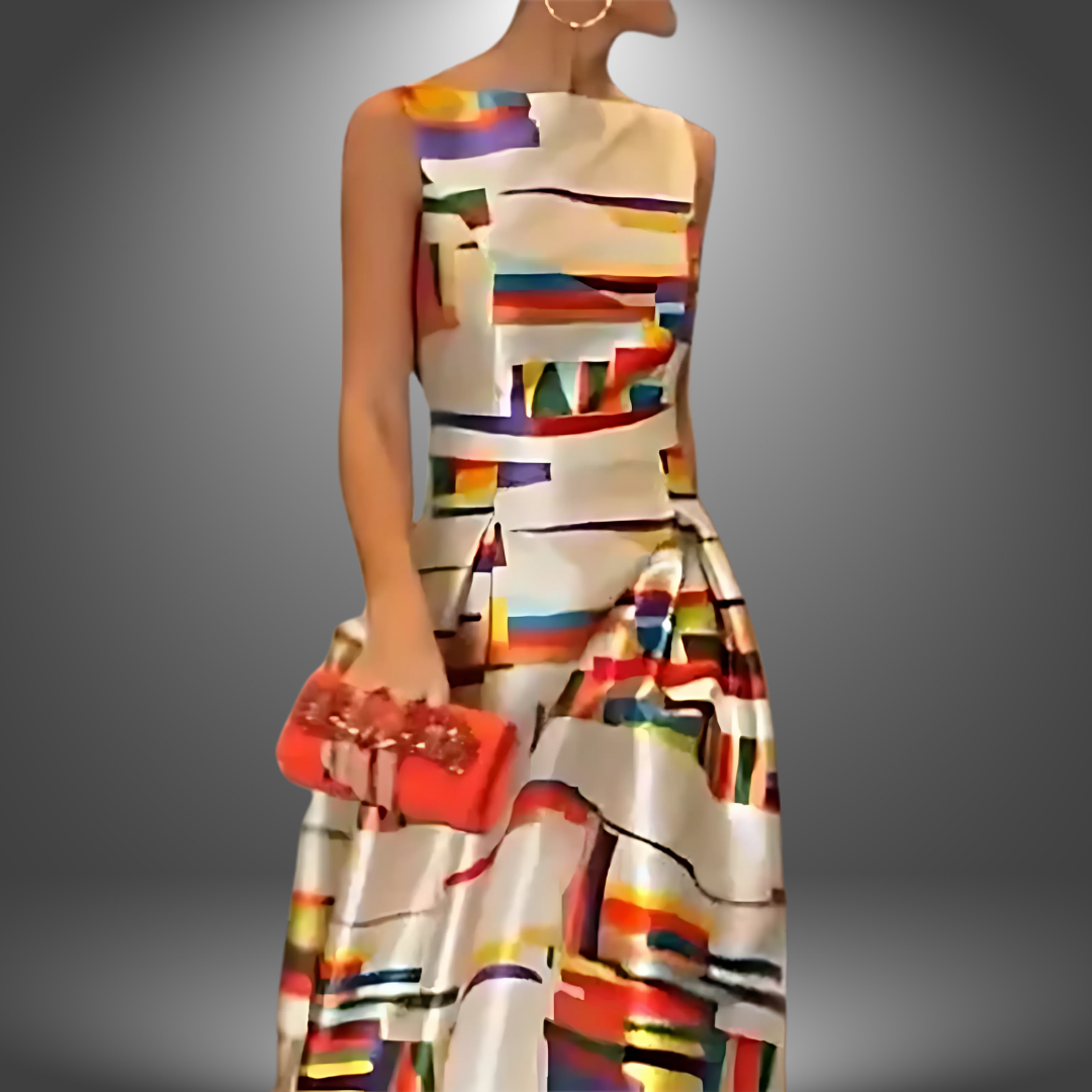 Stylish women's sleeveless A-line maxi dress with vibrant abstract print, perfect as a formal or gala dress.