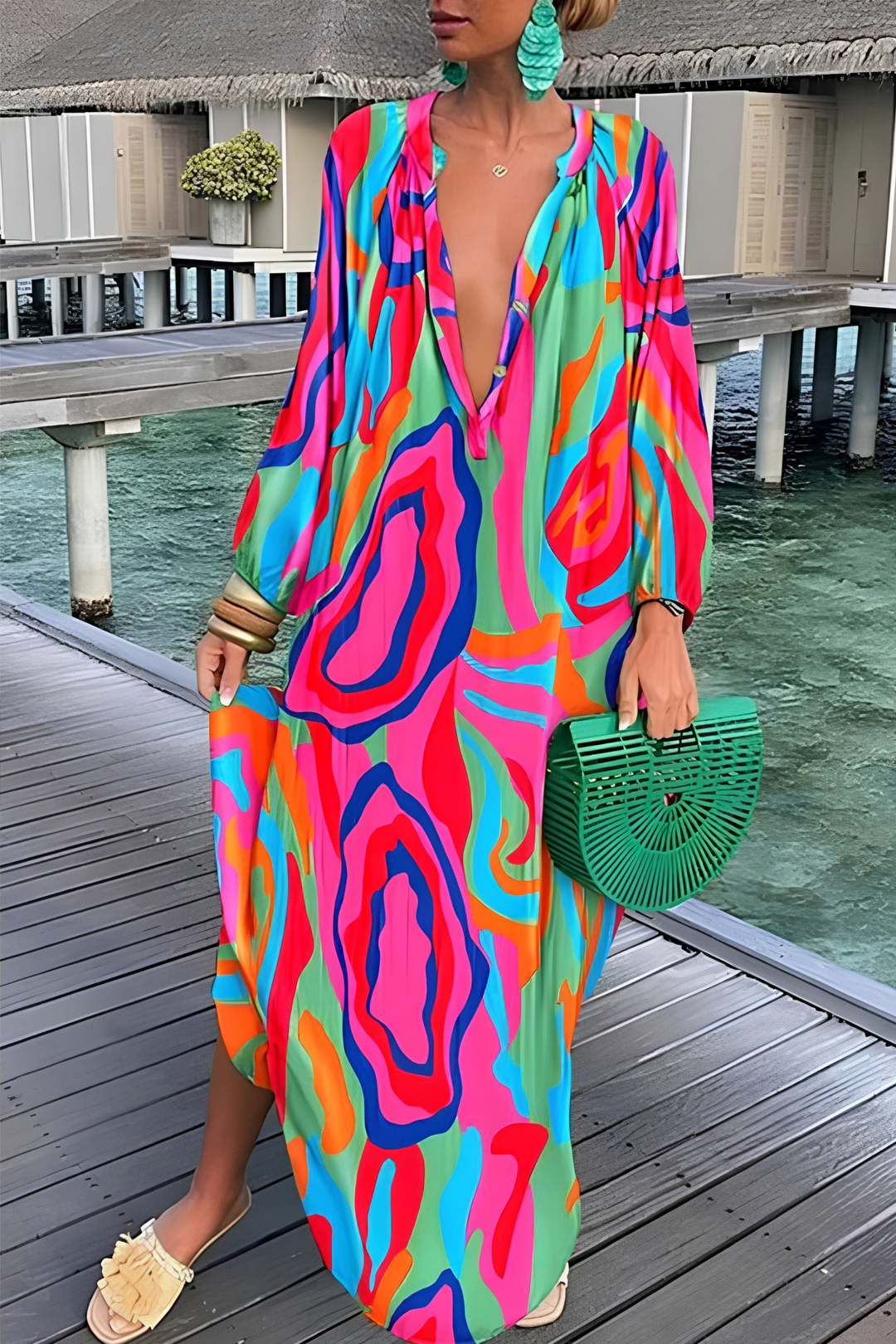 Women's abstract print V-neck maxi kaftan. A versatile summer dress, perfect for resort, beach, or casual wear. Relaxed fit.