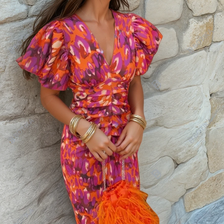 Women's abstract print V-neck midi wedding guest dress with elegant puff sleeves, perfect for special occasions.