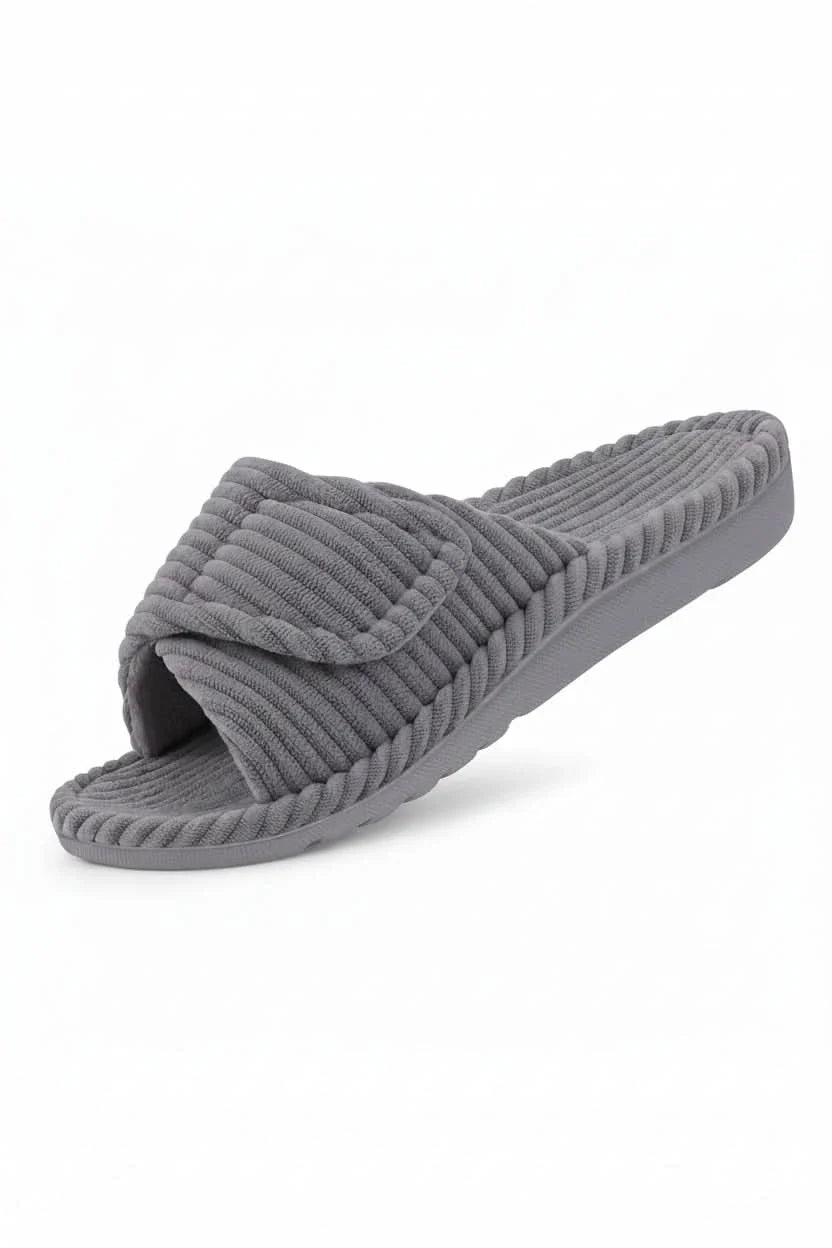 Pair of women's adjustable open-toe comfort slippers, lightweight and cushioned for indoor home wear.