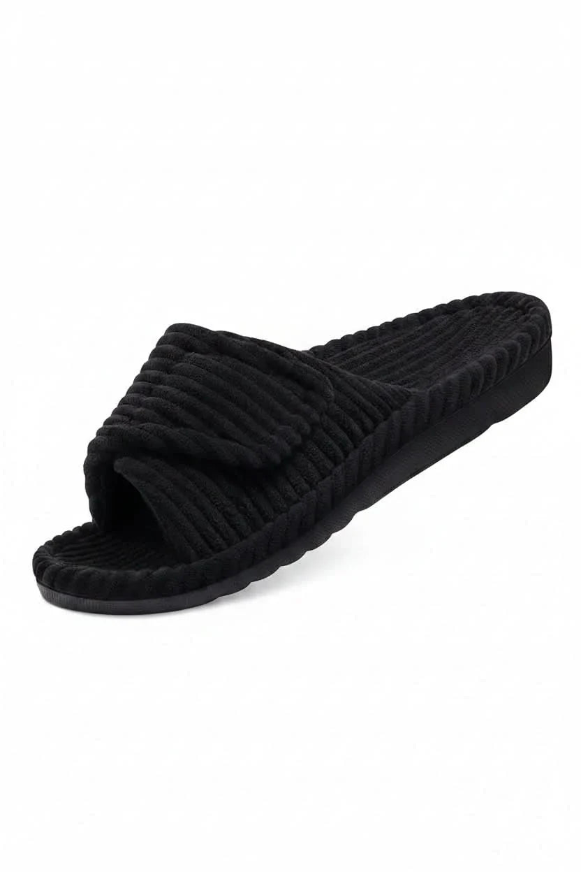 Soft fabric women's adjustable open-toe comfort slippers, designed as cozy house shoes.