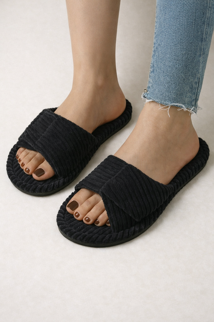 Women's adjustable open-toe comfort slippers displayed for cozy and relaxed home wear.
