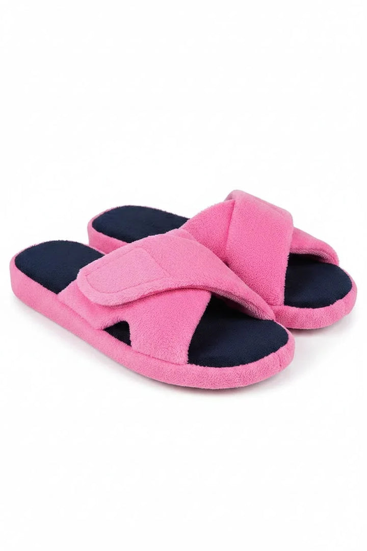 Close-up of the adjustable strap on women's open-toe comfort slippers for a custom fit.