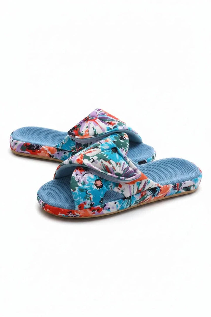 Grey women's adjustable open-toe comfort slippers, designed as cozy indoor footwear.