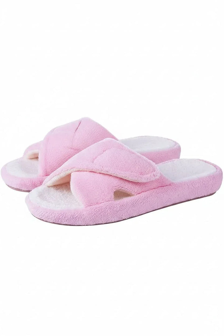 Relaxed fit women's adjustable open-toe comfort slippers with cushioned sole for home wear.