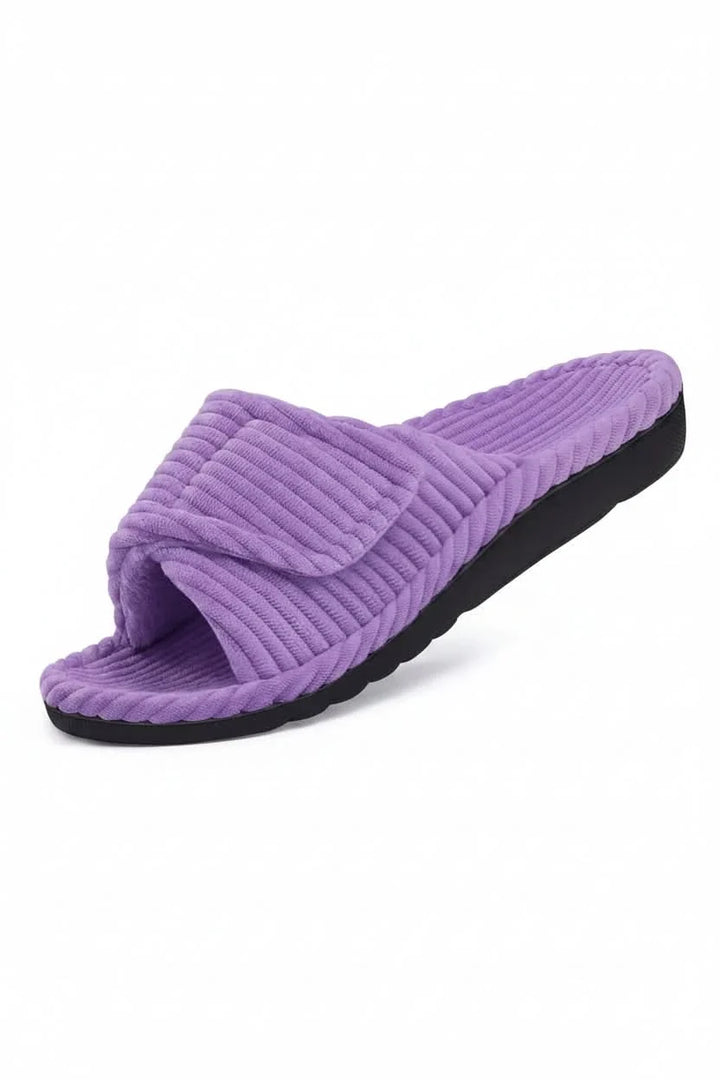 Side view of women's adjustable open-toe house slippers, offering ultimate indoor comfort.