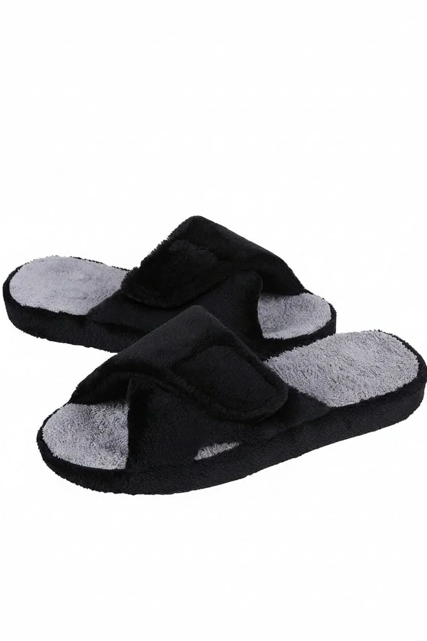 Women's adjustable open-toe comfort slippers on a wooden floor, ready for ultimate relaxation.