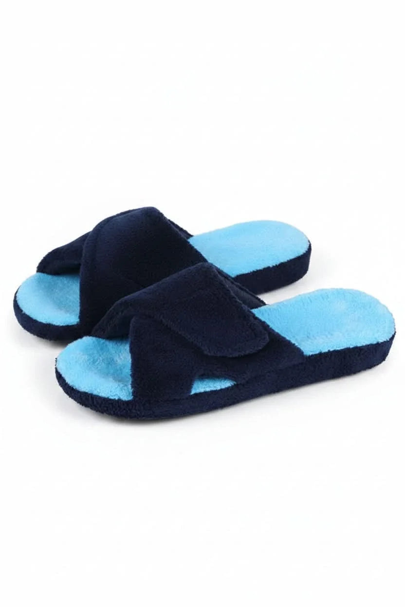 Front view of stylish women's adjustable open-toe comfort slippers, offering a relaxed fit.