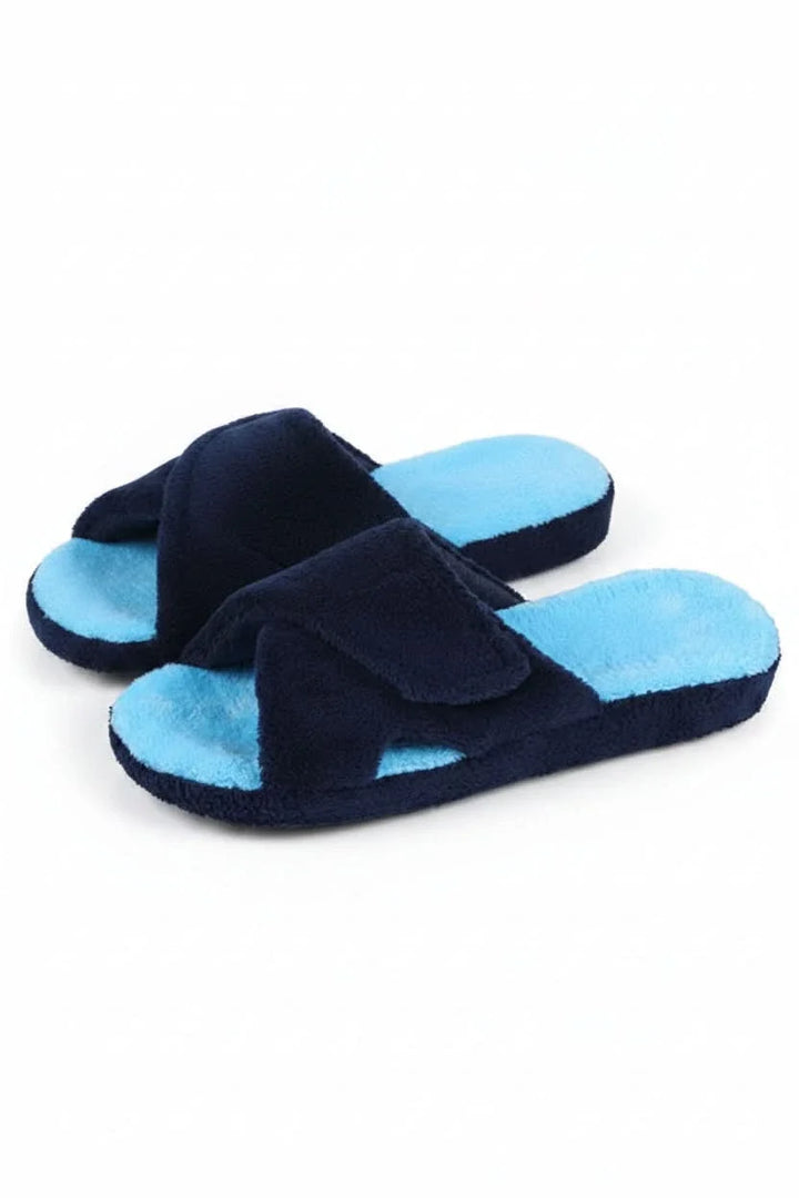 Front view of stylish women's adjustable open-toe comfort slippers, offering a relaxed fit.
