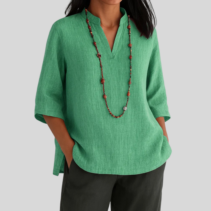 Women's airy short sleeve summer blouse, relaxed fit. Comfortable & casual top in green, blue, brown, or red.