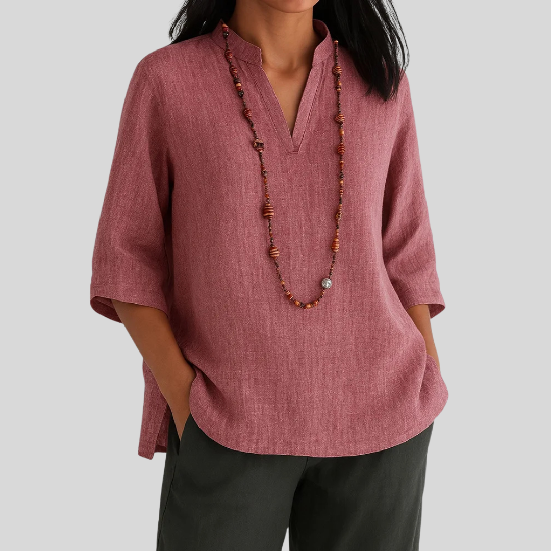 Relaxed fit women's summer blouse. Airy & comfortable short sleeve top, perfect for casual wear. Available in green, blue, brown, red.