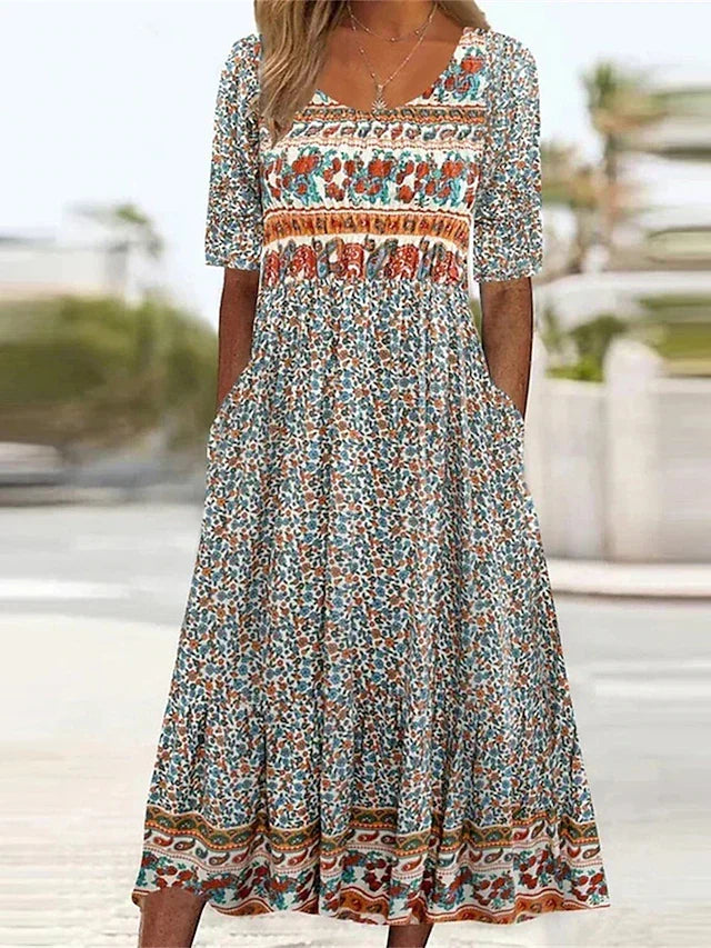 Women's Artistic Bohemian Midi Dress with Pockets. Perfect for casual wear, summer, and vacation.