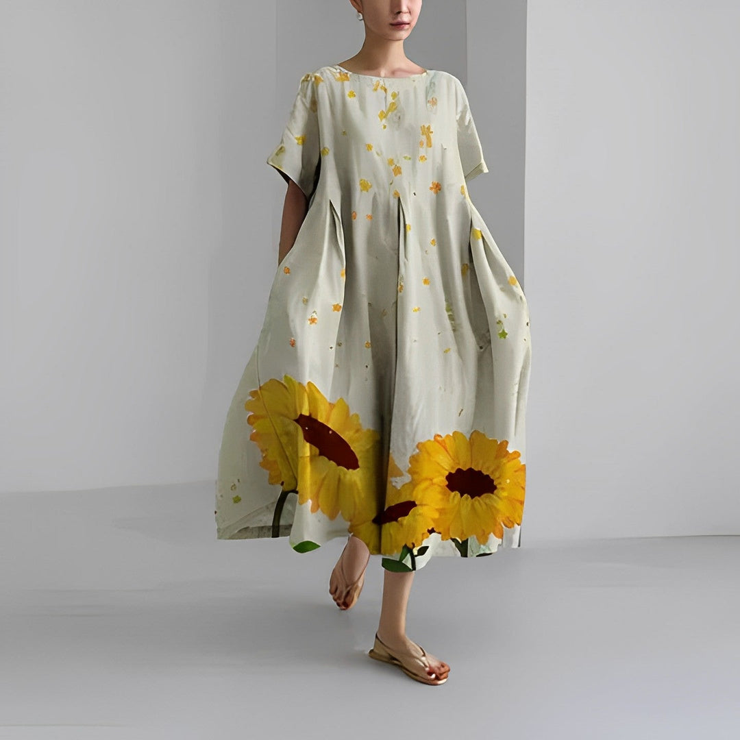Stylish women's midi dress with a unique artistic print & relaxed, flowy fit; great for everyday summer wear.