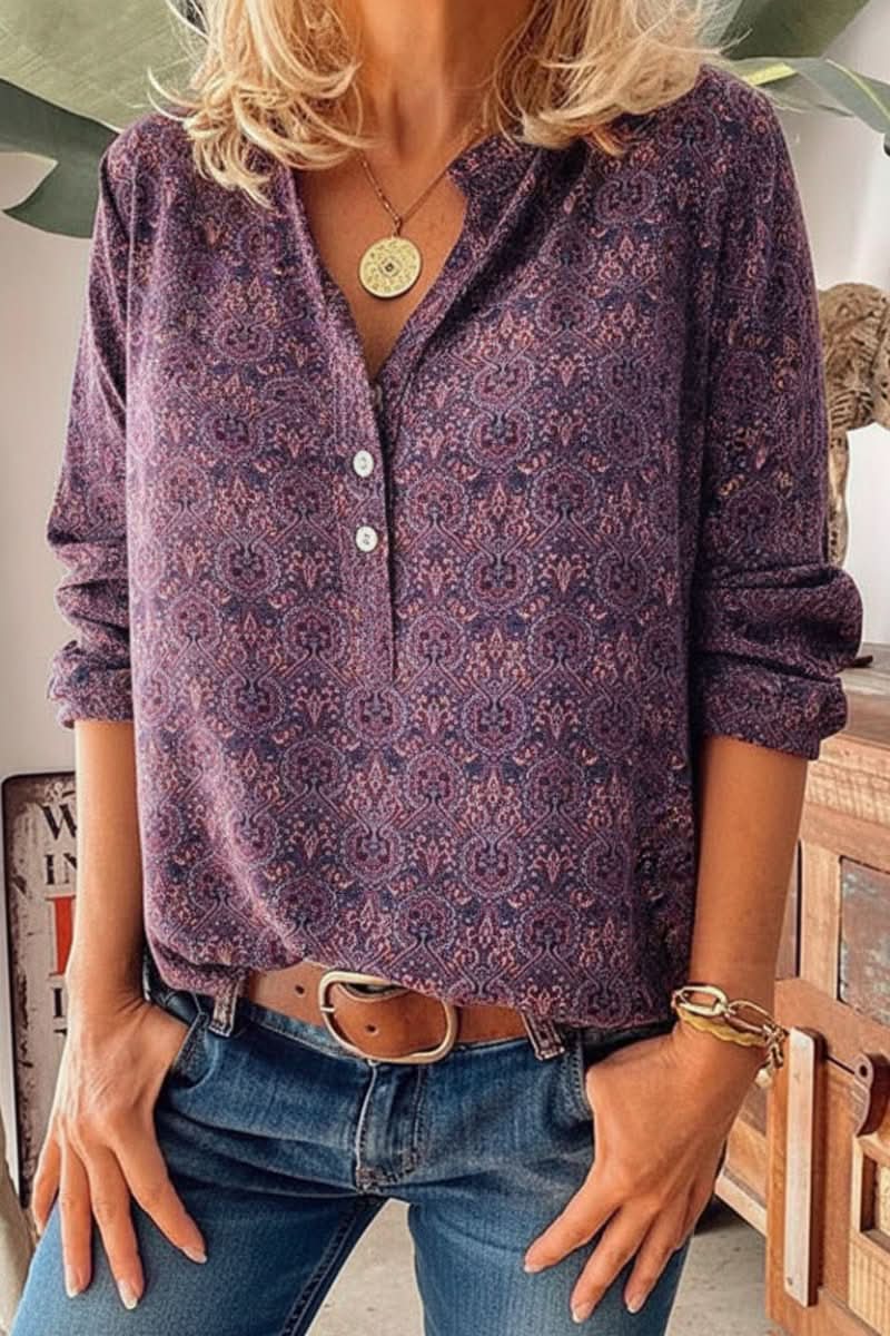 Versatile women's artistic vintage print long sleeve top. Ideal casual blouse or sophisticated workwear piece.
