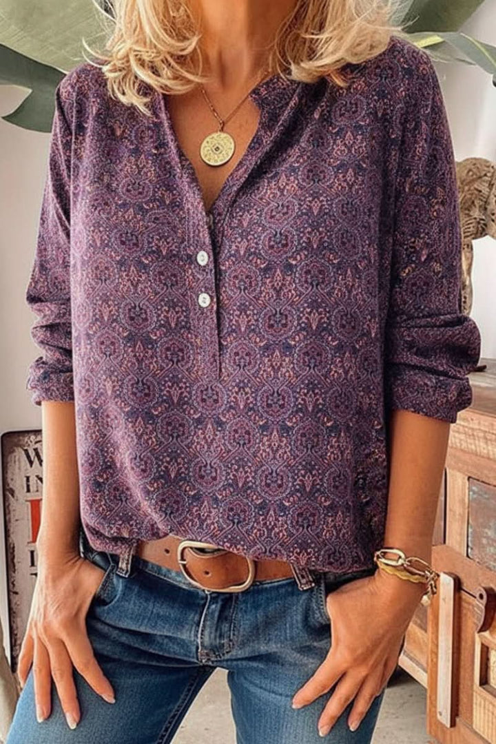 Versatile women's artistic vintage print long sleeve top. Ideal casual blouse or sophisticated workwear piece.