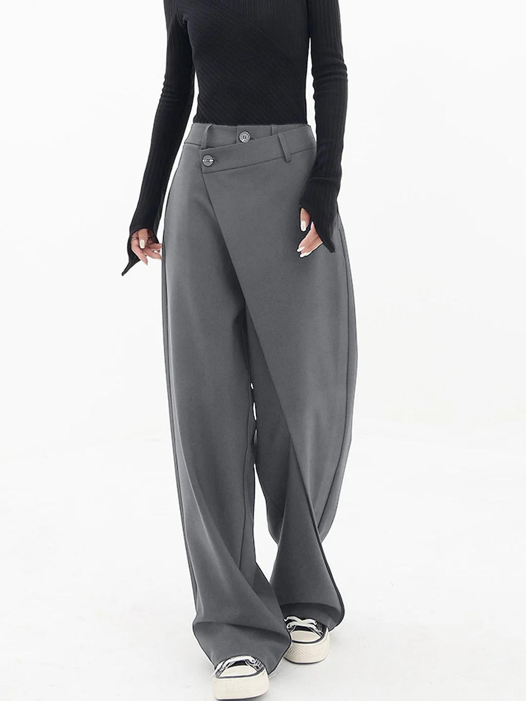 Trendy women's asymmetric baggy pants. Loose fit trousers offering both comfort & a stylish silhouette.