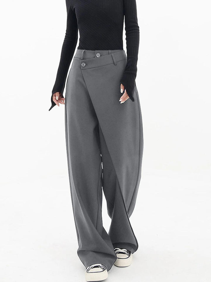 Trendy women's asymmetric baggy pants. Loose fit trousers offering both comfort & a stylish silhouette.