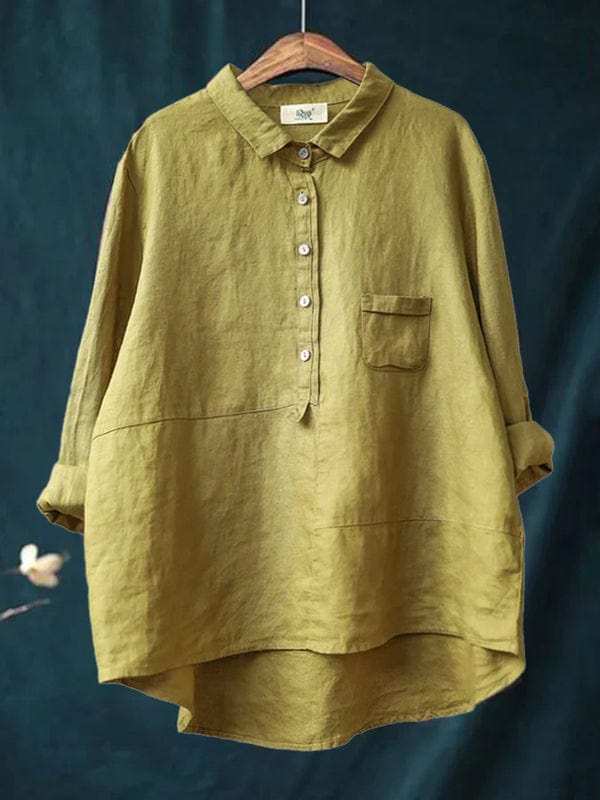 Women's Asymmetrical Hem Button Up Blouse for effortless casual style. Long sleeve, relaxed fit collared shirt.