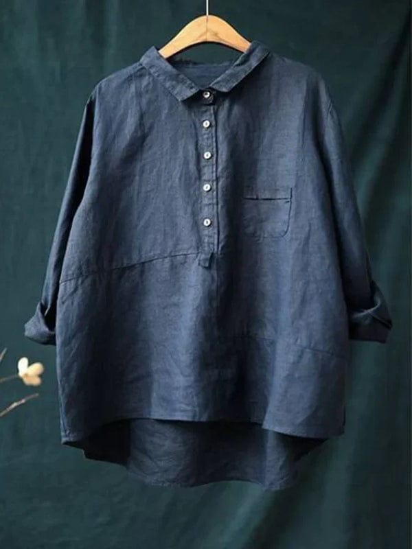 Relaxed fit women's long sleeve blouse featuring an trendy asymmetrical hem. Ideal for comfortable casual wear.