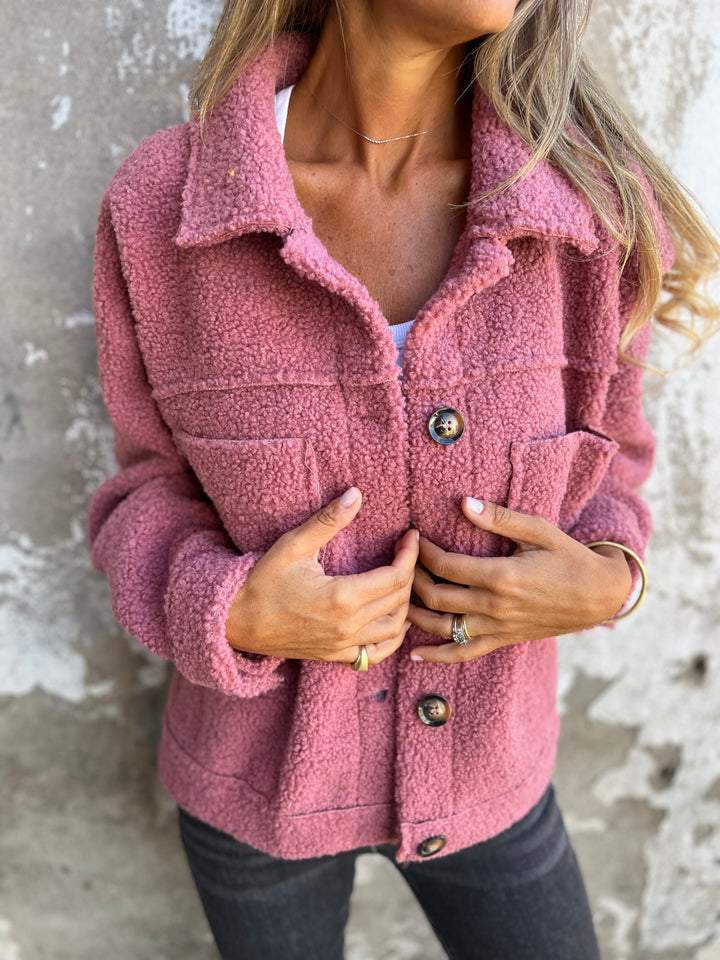 Cozy women's fall jacket, a notch collar button-up autumn coat providing warmth & effortless style for cool days.