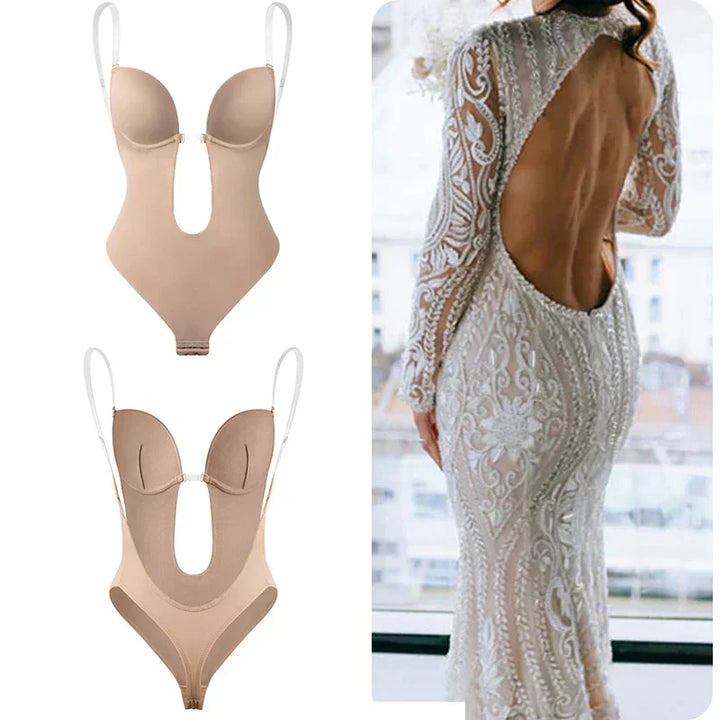 Invisible women's backless body shaper, providing smooth sculpting support under formal evening wear.