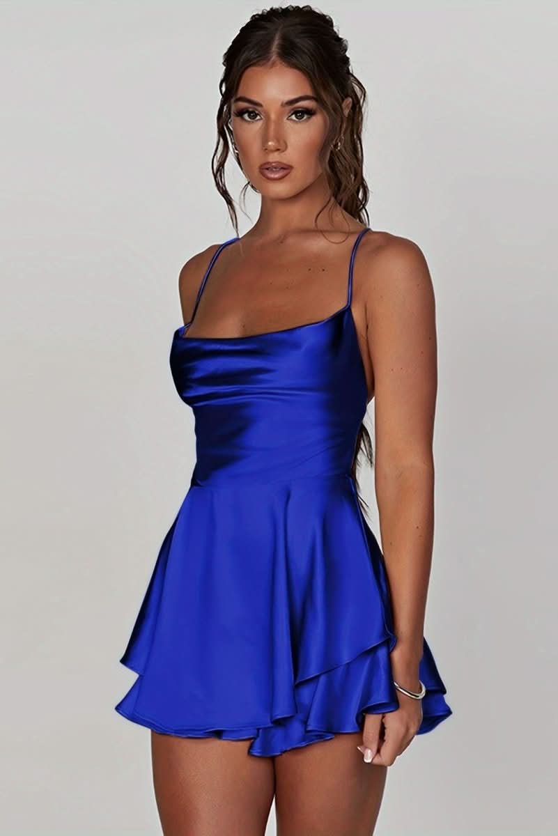 Elegant women's backless halter mini dress, ideal for cocktail parties & date nights.