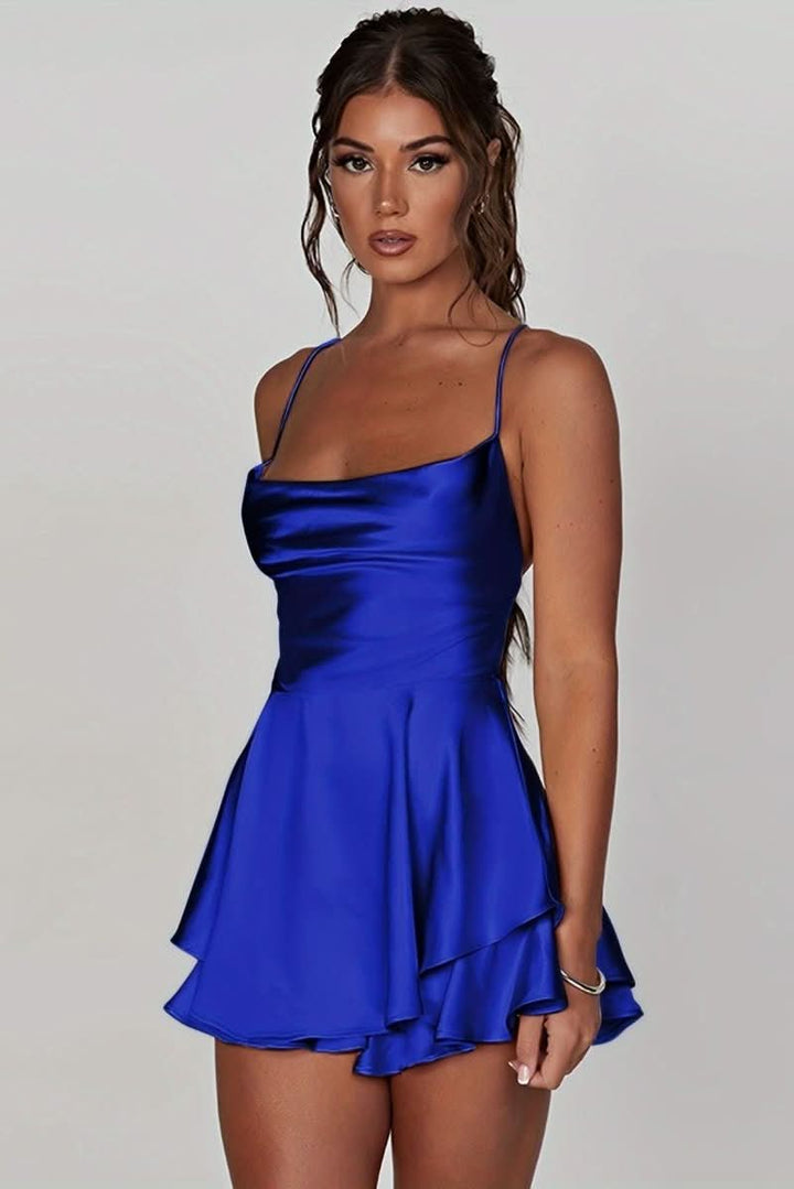 Elegant women's backless halter mini dress, ideal for cocktail parties & date nights.