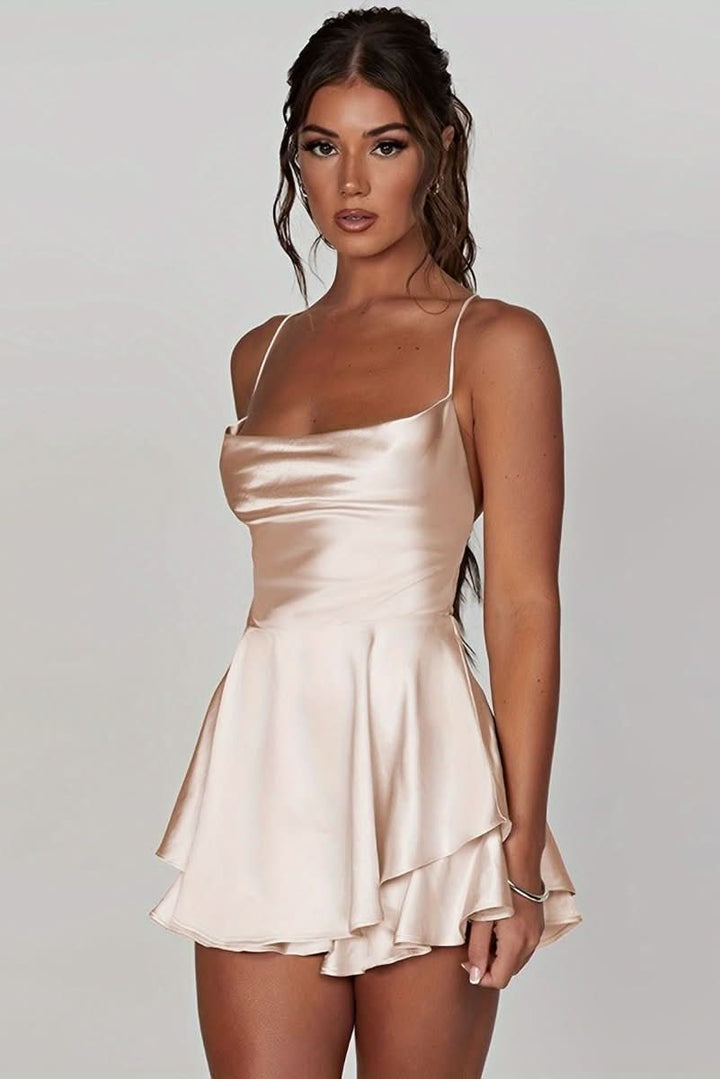 Flattering fit women's backless halter dress; elegant mini style for cocktails & parties.