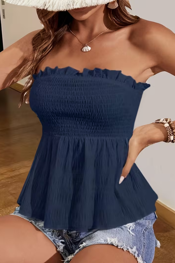 Sleeveless women's tube top, backless design with flared hem. A stylish and comfortable summer casual top.