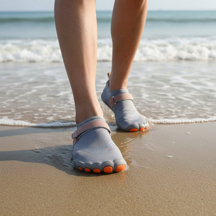 Lightweight women's barefoot beach shoes. Quick-dry aqua socks ideal for sand, swimming & walking.