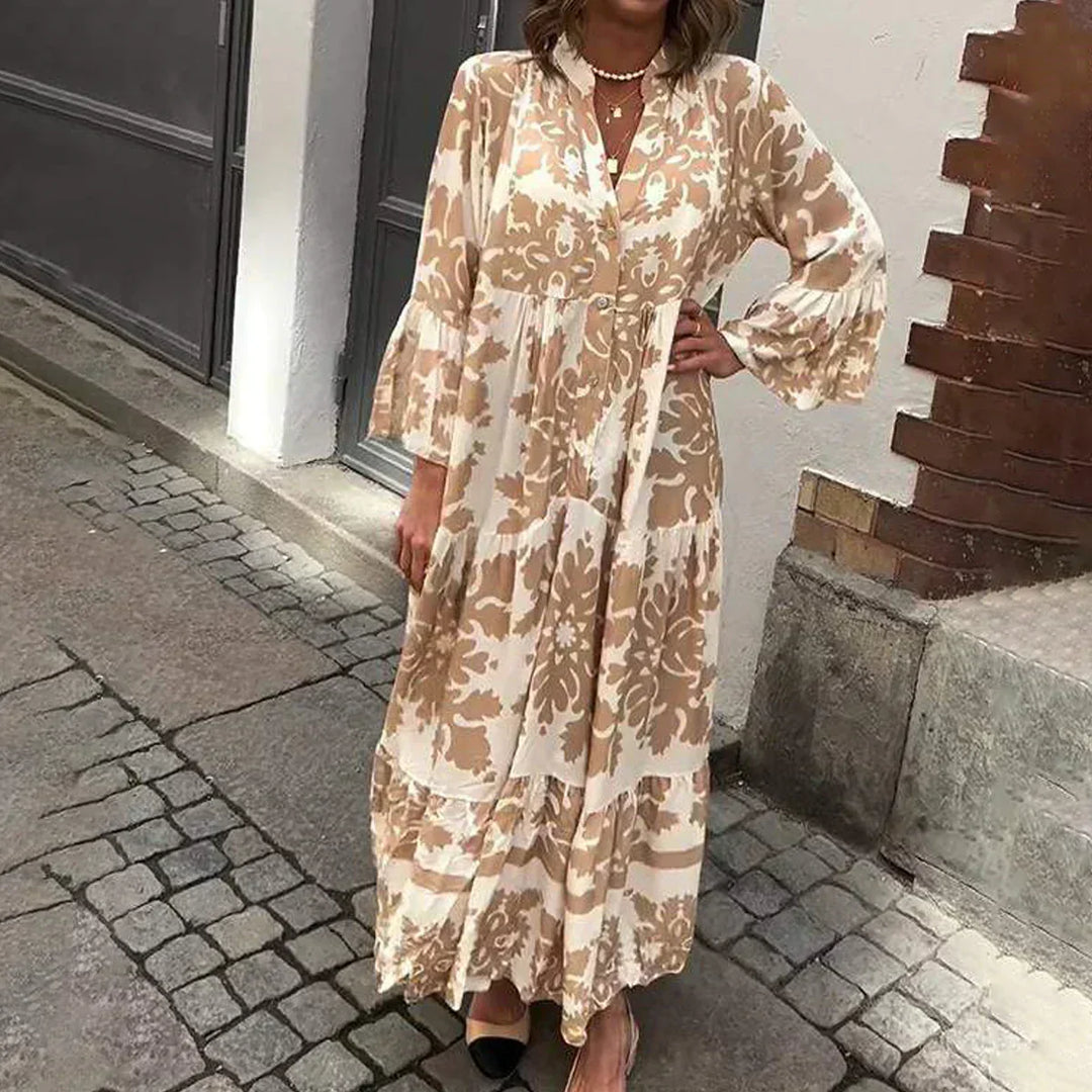 Women's Baroque print boho maxi dress with flowy lantern sleeves and button-down front, perfect for summer vacation.