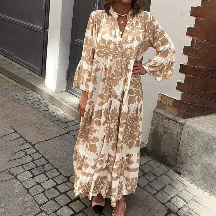 Women's Baroque print boho maxi dress with flowy lantern sleeves and button-down front, perfect for summer vacation.