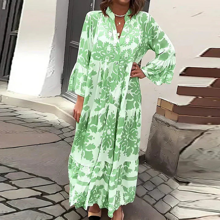 Beautiful women's summer vacation maxi dress, boho style with baroque print and flowy lantern sleeves.