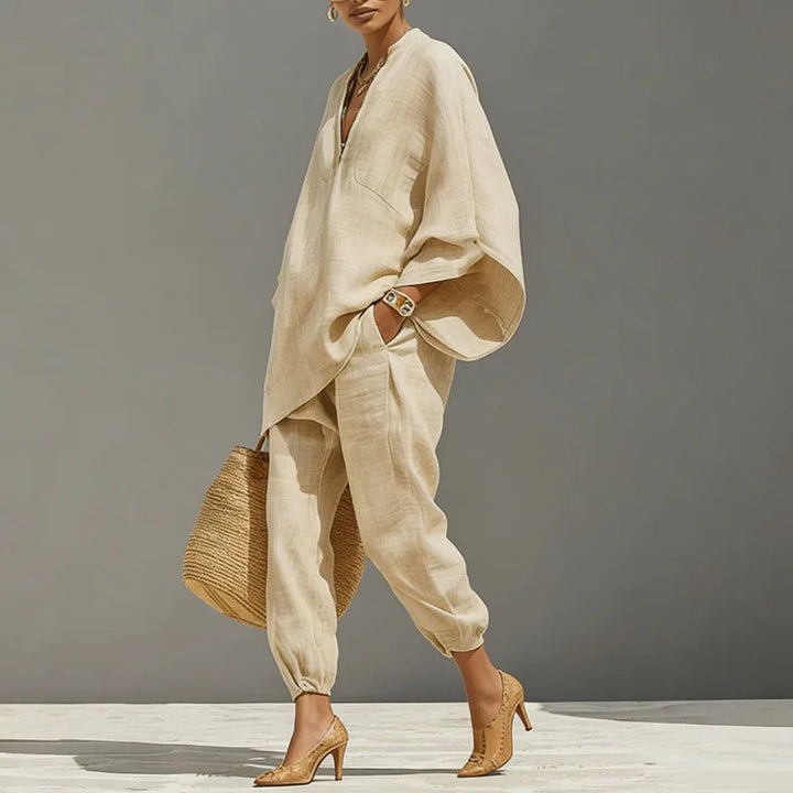 Comfortable women's batwing sleeve two-piece set, a soft matching outfit for summer casual wear.