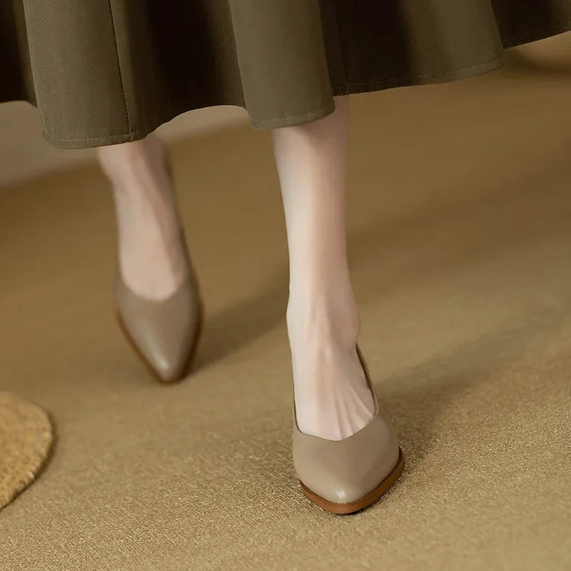 Stylish brown women's slip-on court shoes, pointed toe & mid block heel, perfect for versatile wear.