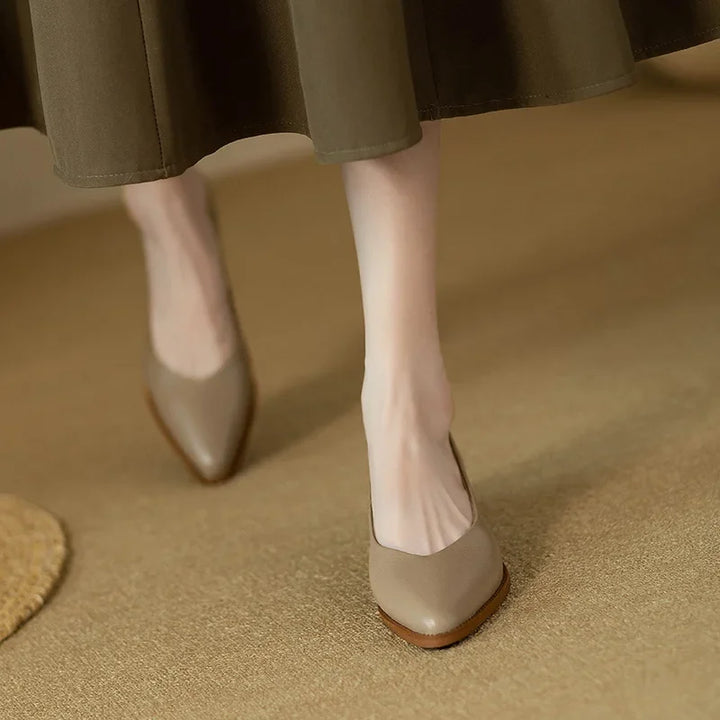 Stylish brown women's slip-on court shoes, pointed toe & mid block heel, perfect for versatile wear.