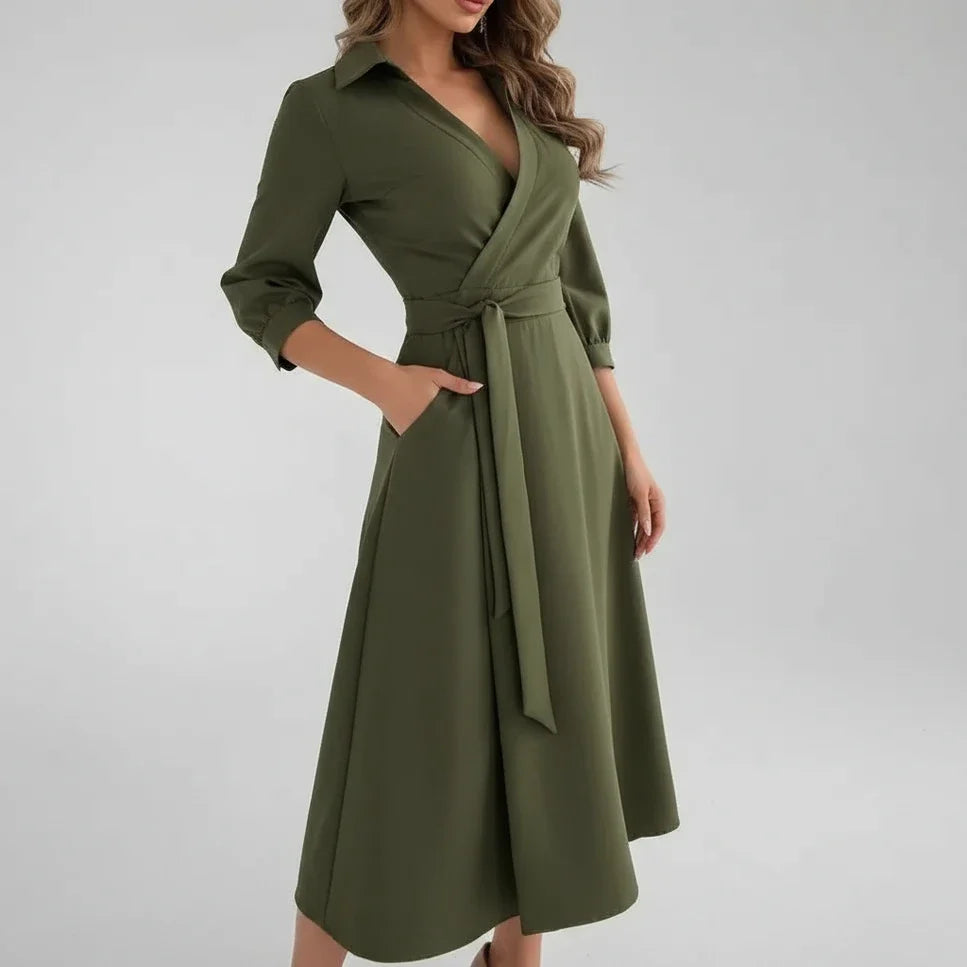 Summer women's belted A-line midi dress. Casual yet elegant V-neck, flattering for day or versatile wear.