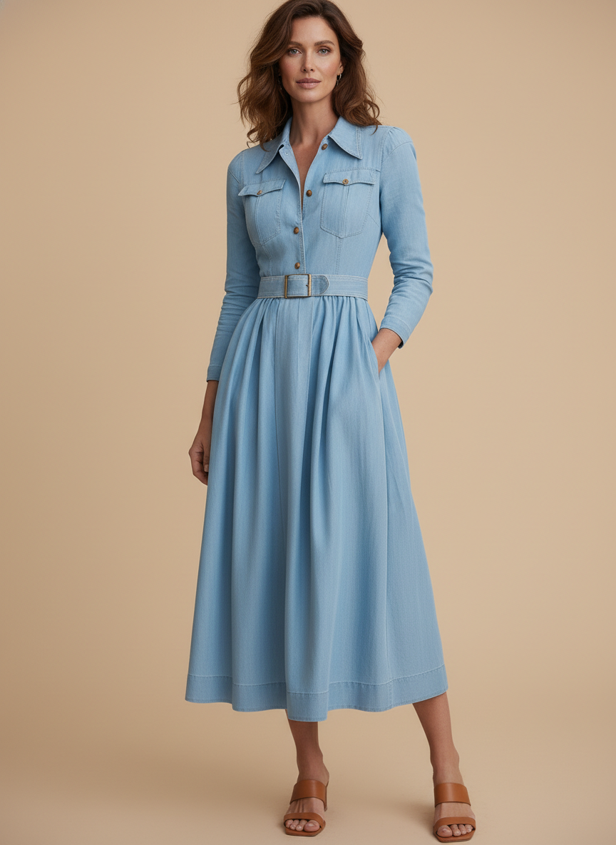 Women's belted long sleeve fit & flare shirt midi dress in a versatile style, perfect for work or casual elegance.