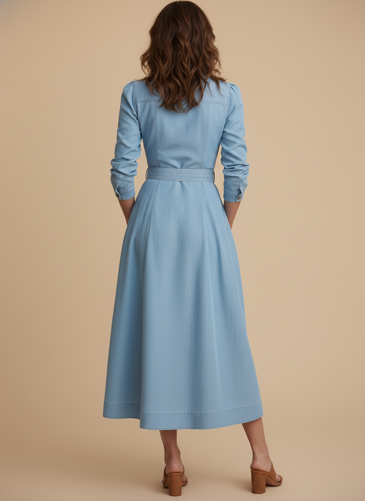 Elegant women's A-line midi shirt dress with long sleeves & a flattering belt; ideal for day-to-night wear.