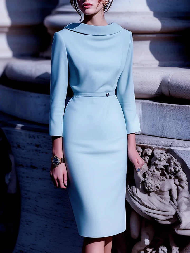 Women's belted midi dress with turn-down collar & V-back for professional office work attire.