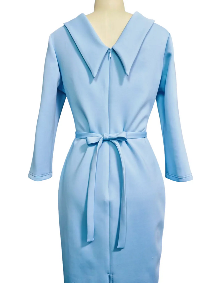 Elegant women's mid-sleeve belted midi dress, featuring a chic turn-down collar and stylish V-back design.