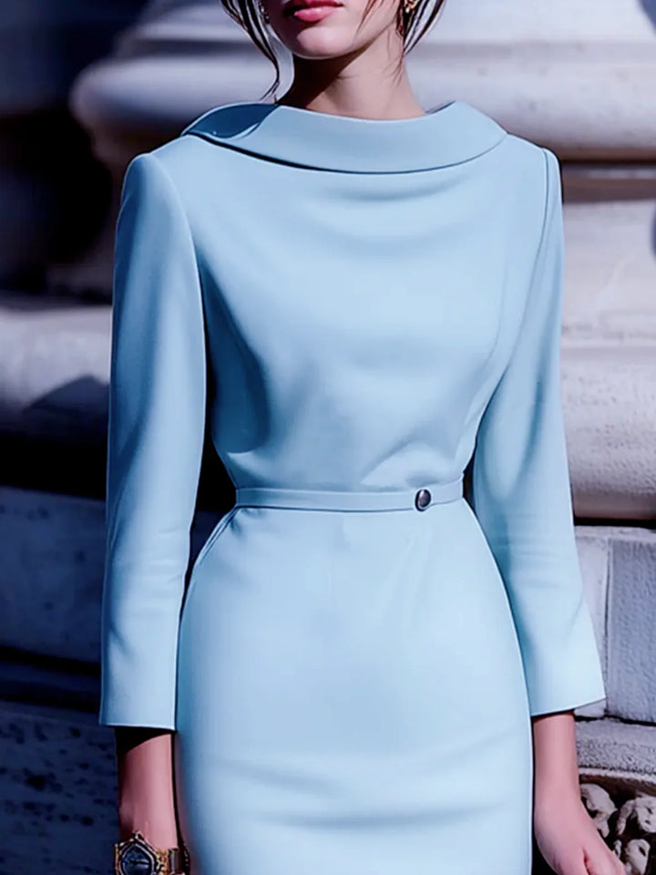 Versatile women's midi dress. Belted waist, turn-down collar & V-back. Perfect for work, office or semi-formal events.