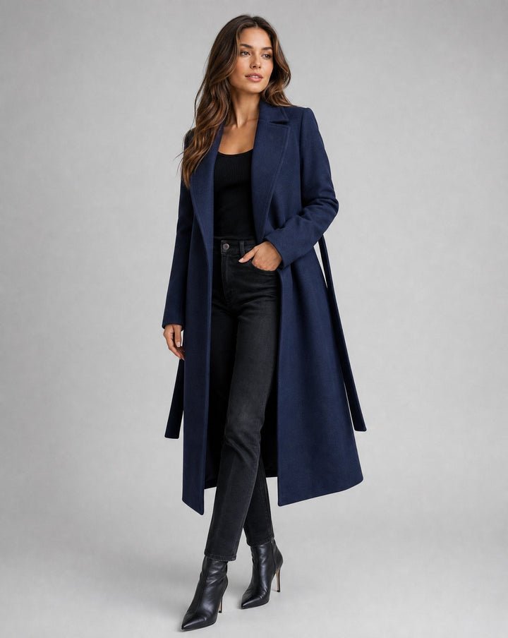 Women's belted structured trench coat for office & evening. Elegant long outerwear, perfect for fall fashion.