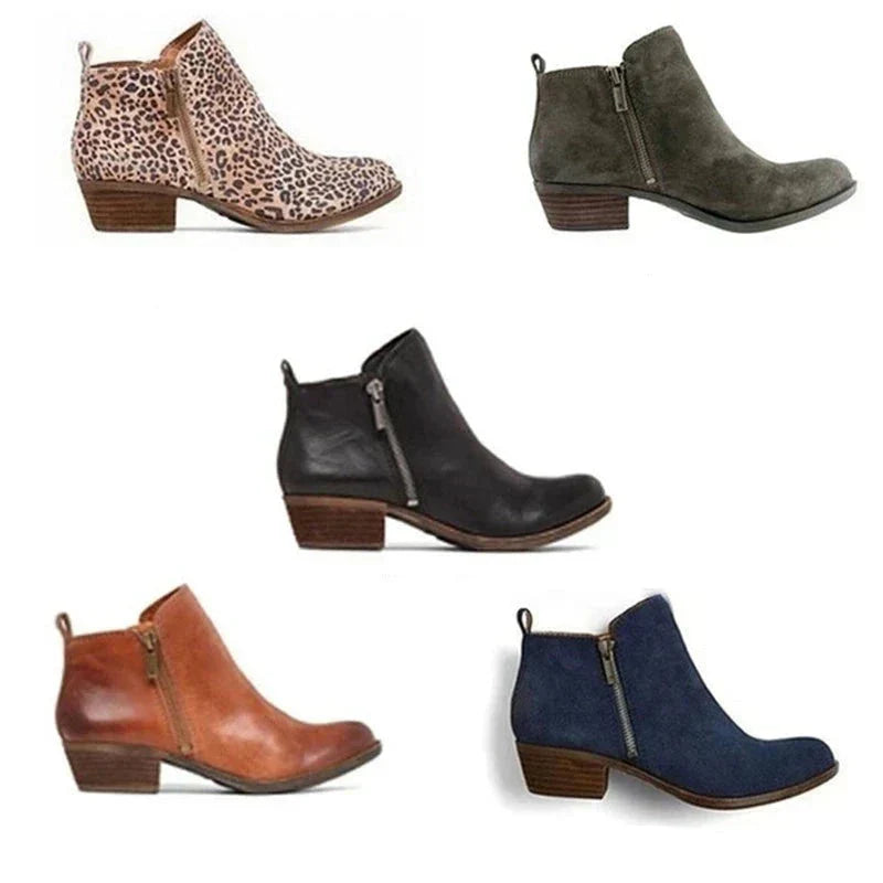 Everyday women's ankle boots with a secure side zip and supportive block heel, great for casual work environments.
