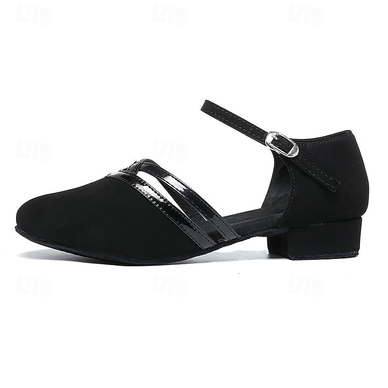 Elegant black women's ankle strap dance shoes, providing a secure fit for all dance styles.