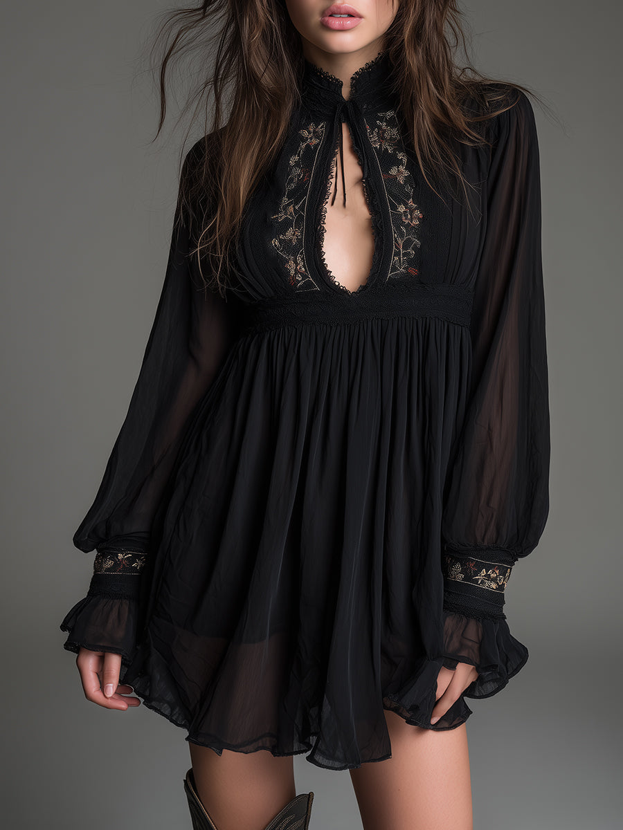 Women's black babydoll mini dress with high neck keyhole & balloon sleeves. Perfect for elegant party or date night.