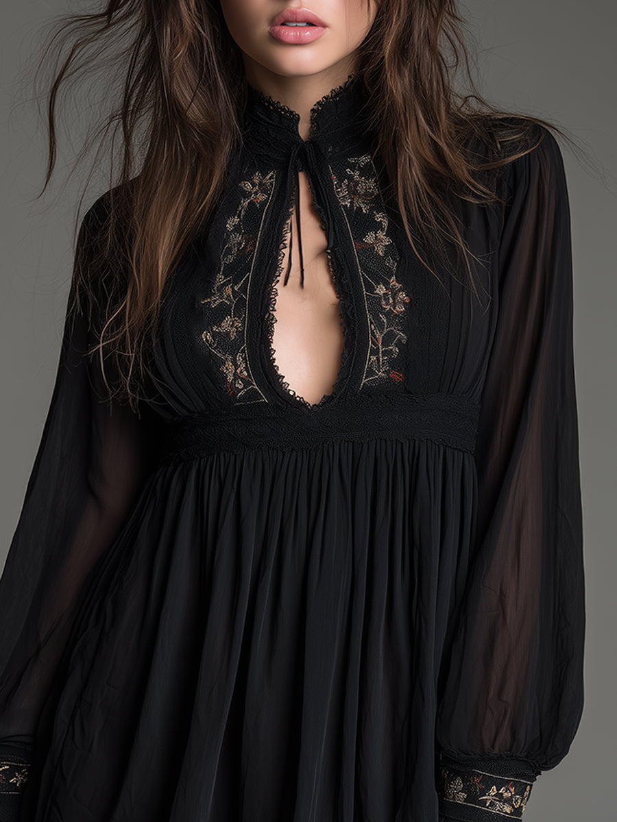 Elegant black babydoll mini dress for women featuring high neck, keyhole cutout, & stylish balloon sleeves.