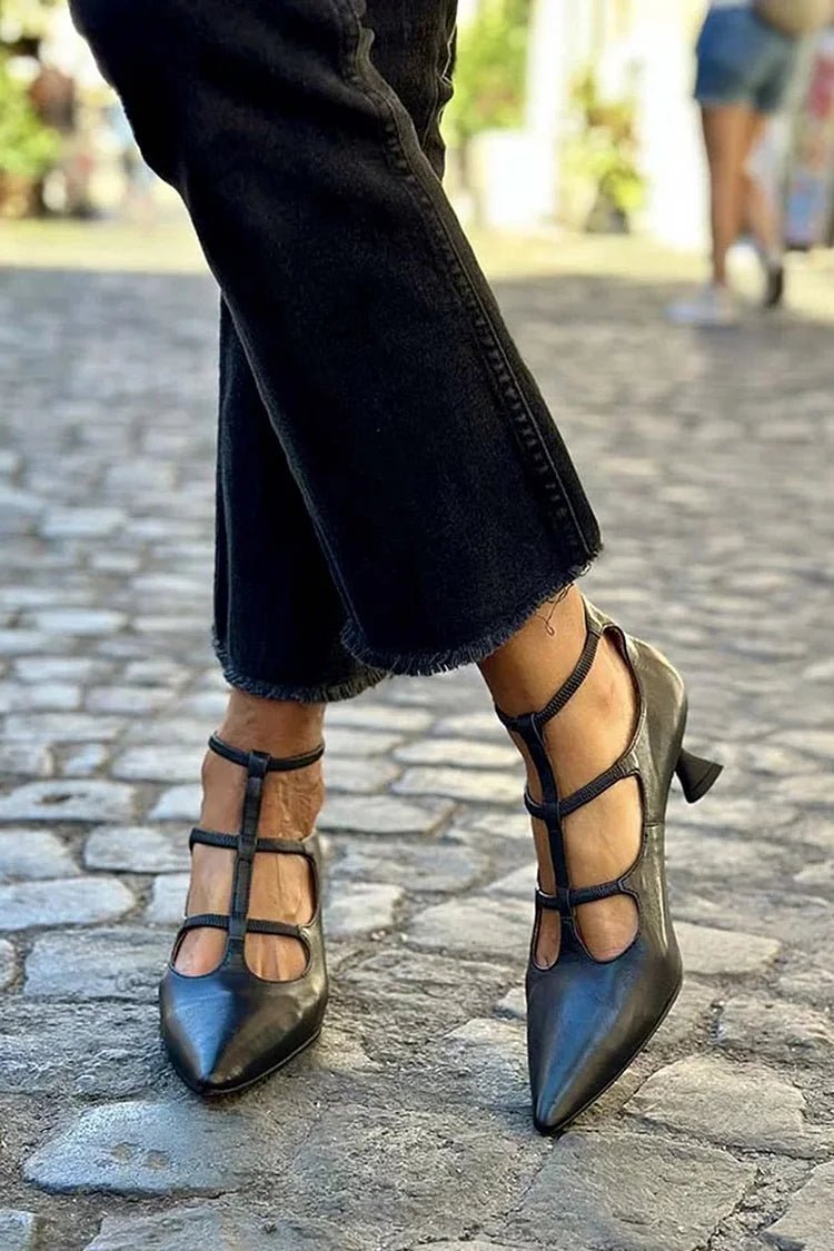 Women's black cage strap pointed toe kitten heels. Perfect for wedding guests & formal evening wear.